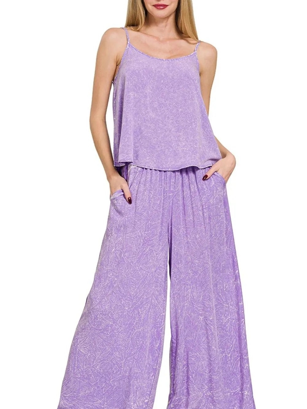 NWOT Zenana Woven Acid Crinkle Washed Cami & Pants 2 Piece Set